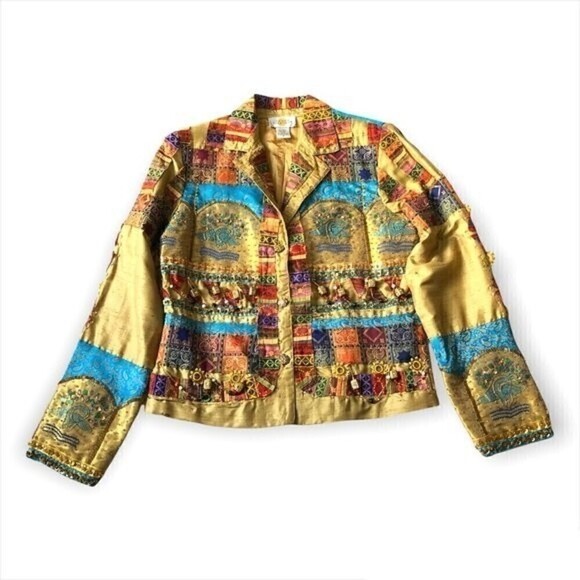 Sandy Starkman Boho Jacket Woven Silk Patchwork Embroidery Sequin Granny 90s S - Picture 6 of 16